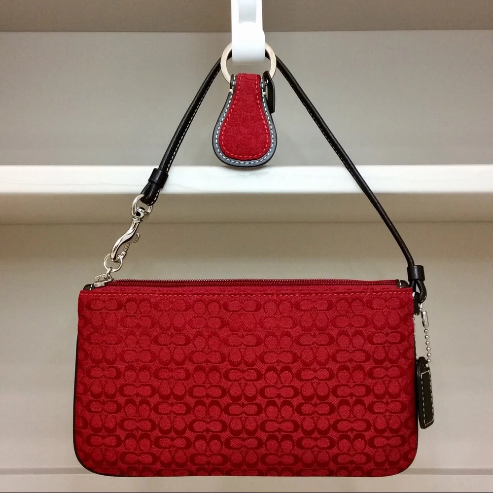 ✨ Coach Vintage Y2K Wristlet Red Brown Leather Trim Pouch Authentic Key Fob Set